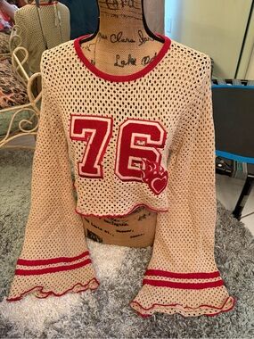 Forever 21 Cream Crochet Crop Sweatshirt with Red Trim & '76' Patch